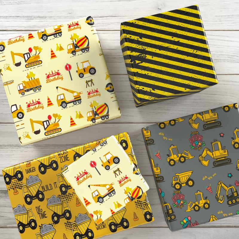 ZINTBIAL Construction Vehicle Wrapping Paper for Kids Birthday - Excavators  Bulldozers  Dump Trucks and Happy Birthday Words Designs - 20 x 29 Inches  8 Folded Sheets  Easy to Store - Image 4